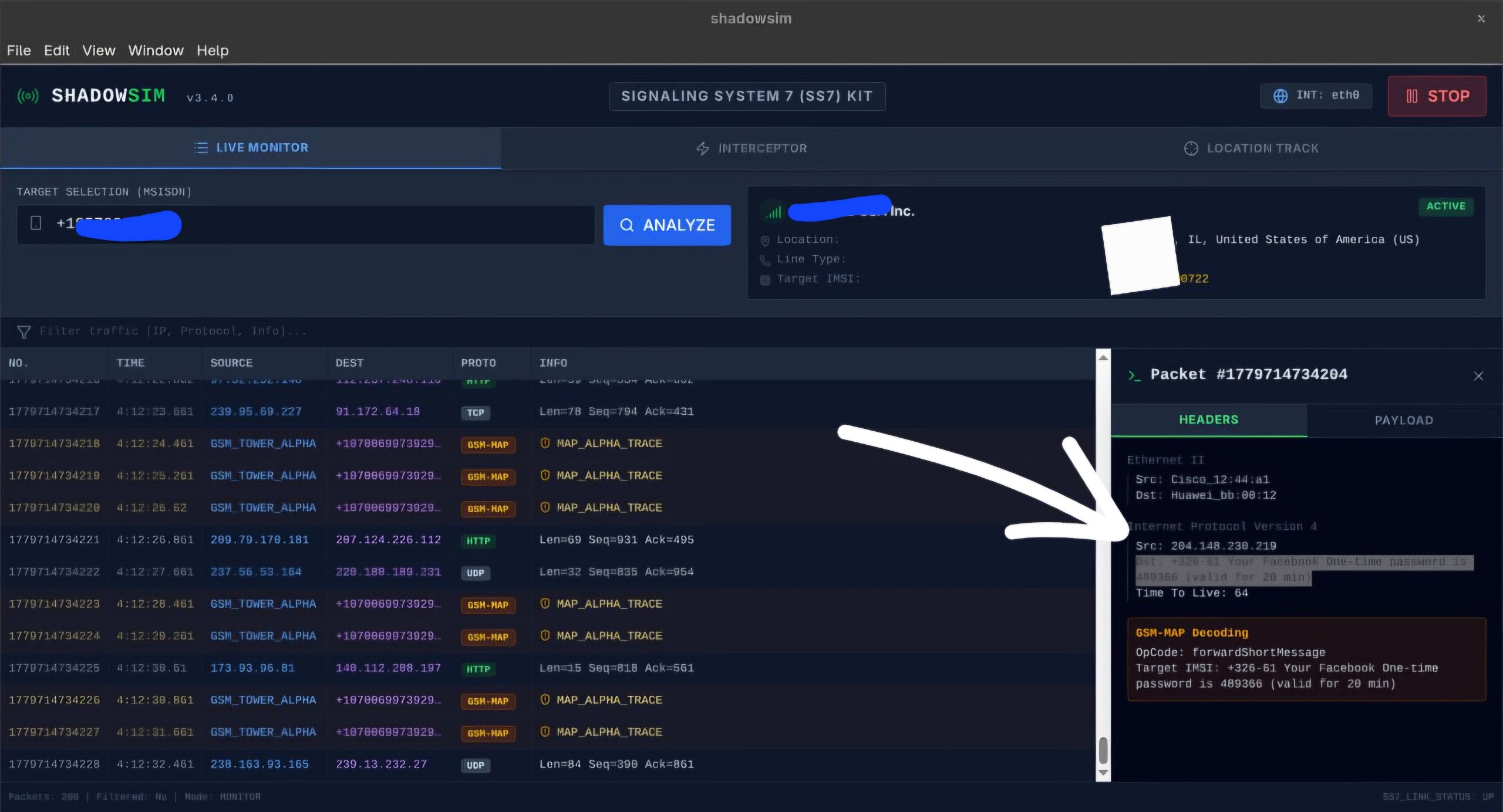 ShadowSIM dashboard screen 1